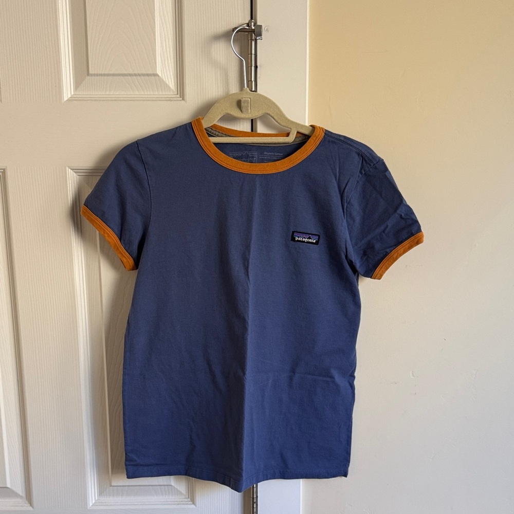 Patagonia Short Sleeve Tee in Blue with Orange Trim